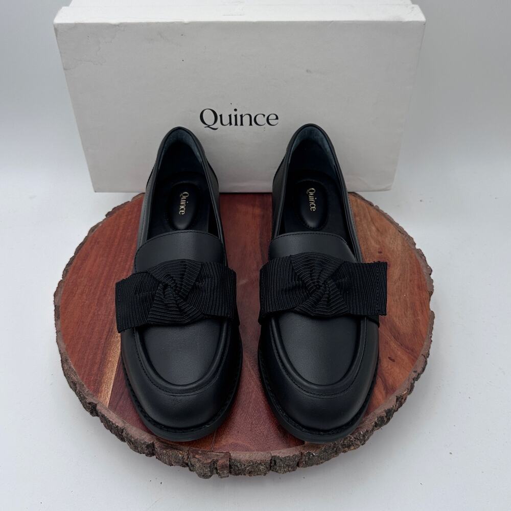 NWB Quince Italian Leather Bow Tie Penny Loafer Size 8 Black Academia Minimalist